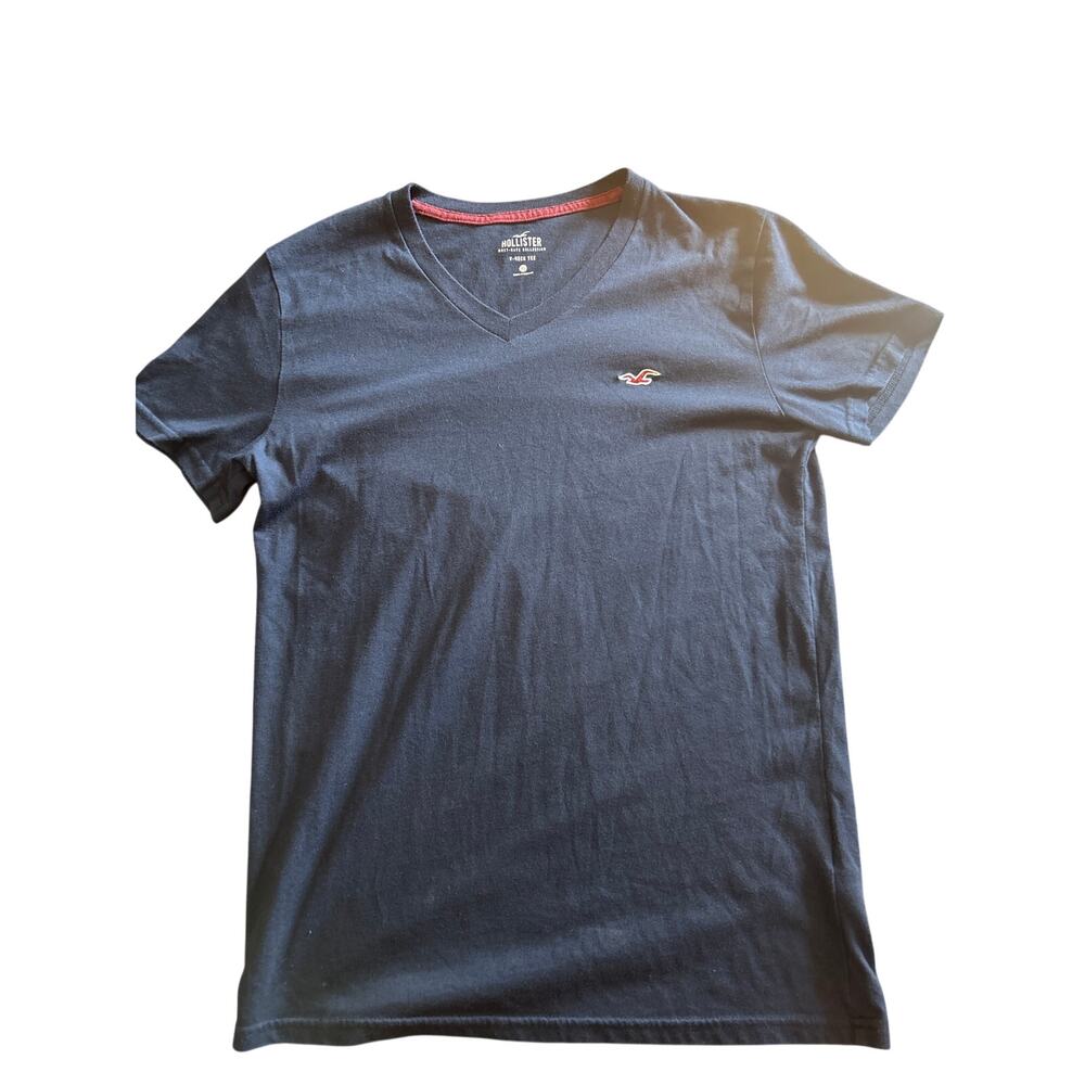Hollister V-neck Embroided Pink Seagall Logo Blue Cotton Blend Fitted T-shirt XS